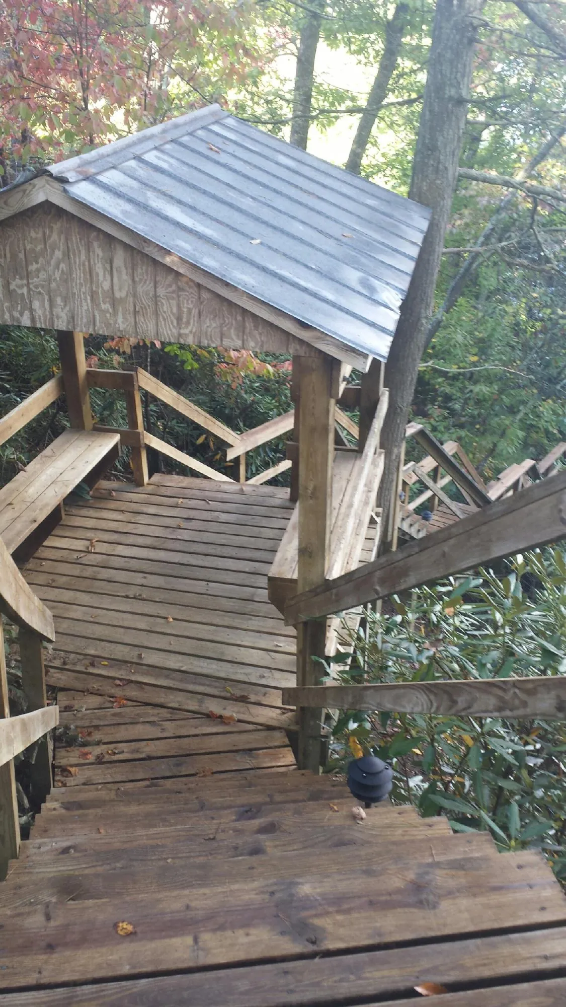 Metal roofed shelter over wooden steps on a wooded walkway — Skylight Repair & Installation work by our crew in Braceville